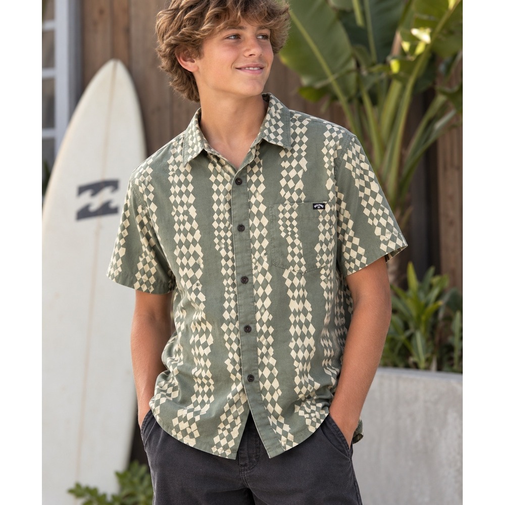 Billabong Mens Short Sleeve Button Down Cotton Diamond Print Sage Green Shirt S